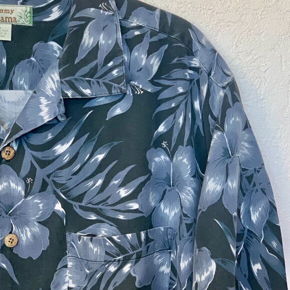 Tommy Bahama mens Silk camp Hawaiian shirt SZ Large Floral Blue/Gray White Black - Picture 2 of 5